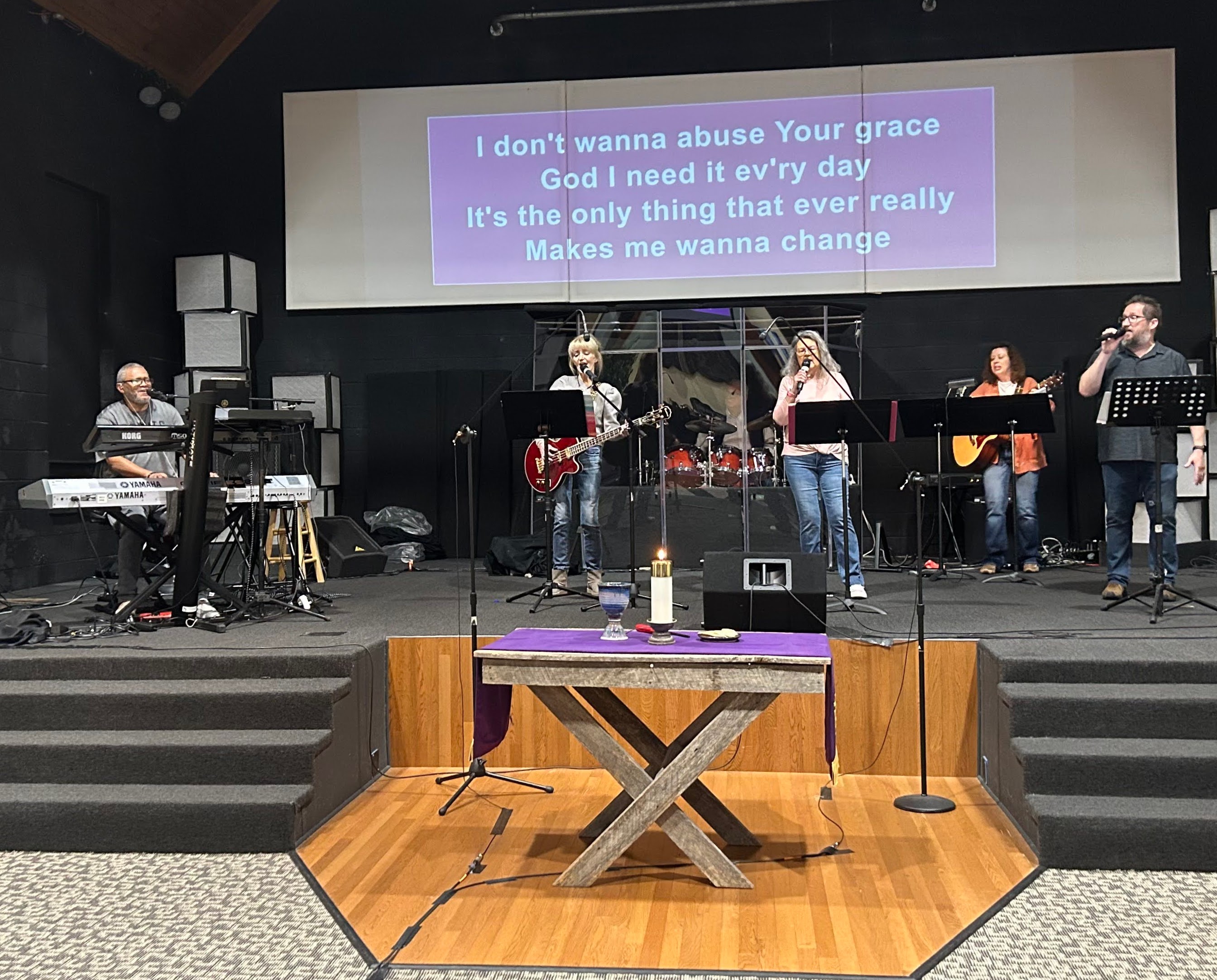 Contemporary worship band leading service at First Christian Church